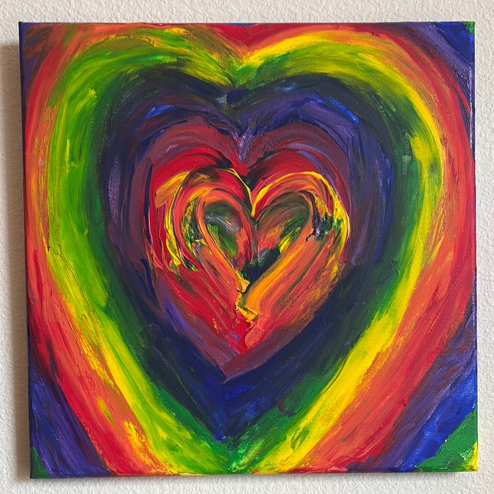 Vibrant Rainbow Heart Original Canvas Painting by Oregon Artist.